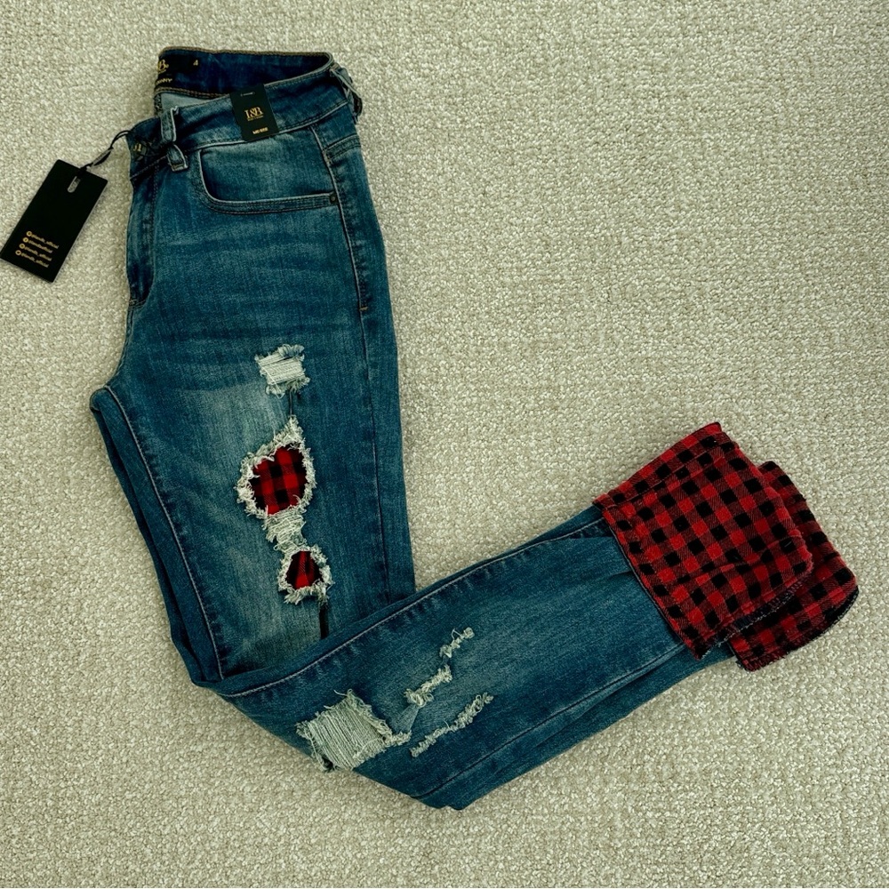 Lucky & Blessed Jeans with Red Plaid Buffalo Check Accents